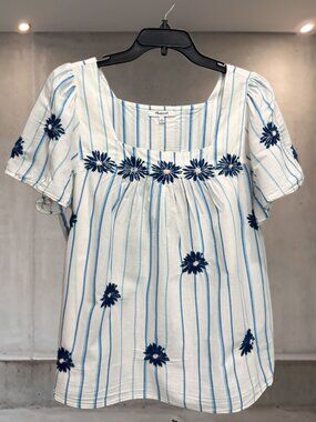 Madewell Blue White Striped Embroidered Floral Square Neck Top Medium